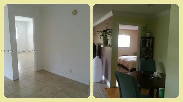 tiled bedroom with crown molding