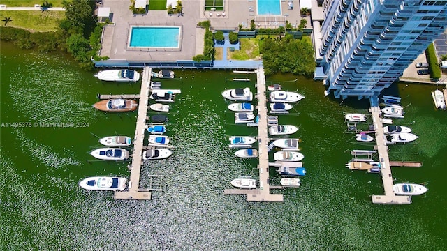 aerial view featuring a water view