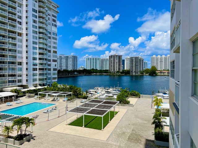 view of pool with a patio and a water view