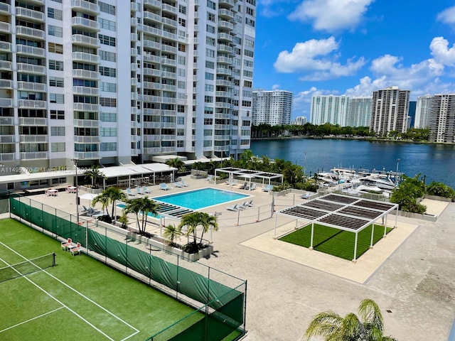 view of swimming pool with a water view and a patio area