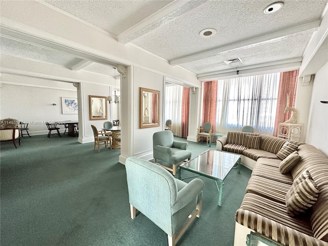 living room with carpet floors, a textured ceiling, and beam ceiling