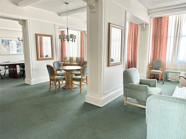 sitting room with a notable chandelier, carpet, and a textured ceiling