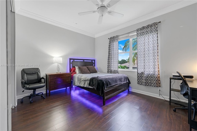 bedroom featuring ceiling fan, crown molding, and dark wood-type flooring