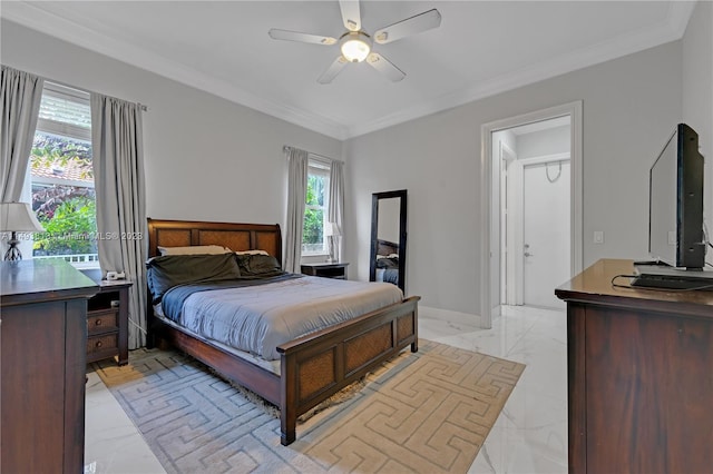 bedroom with ceiling fan and ornamental molding