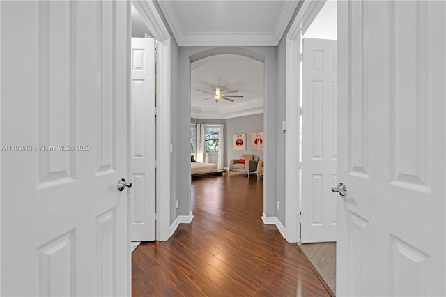 hallway featuring ornamental molding and dark wood-type flooring