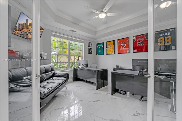 home office with ceiling fan, crown molding, and french doors