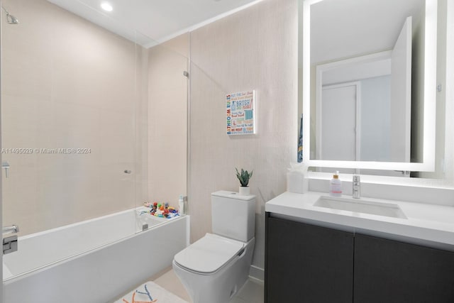 full bathroom with vanity, toilet, tiled shower / bath, and tile flooring