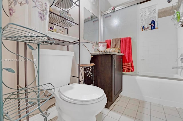 full bathroom with vanity, shower / tub combination, tile patterned flooring, and toilet