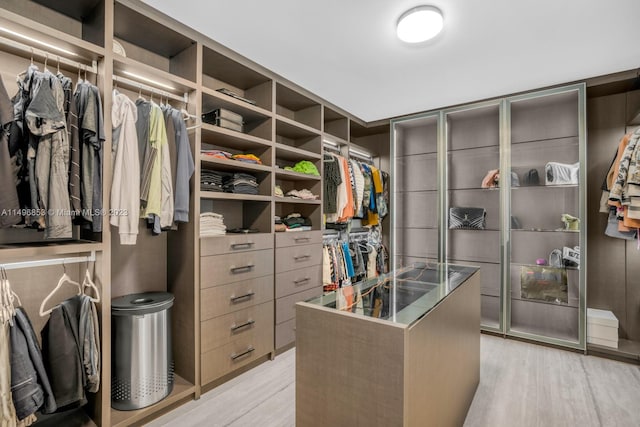 walk in closet with light hardwood / wood-style flooring