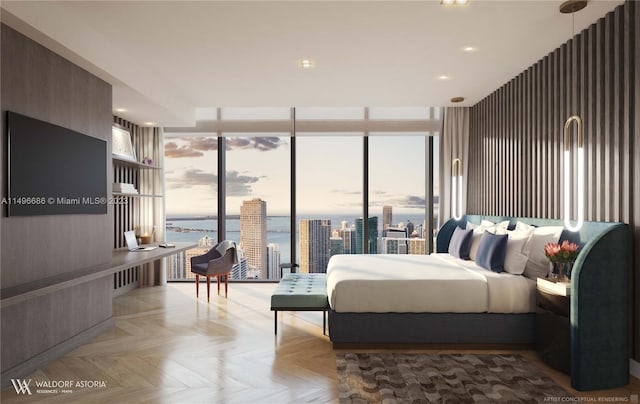 bedroom featuring multiple windows, parquet flooring, and a water view