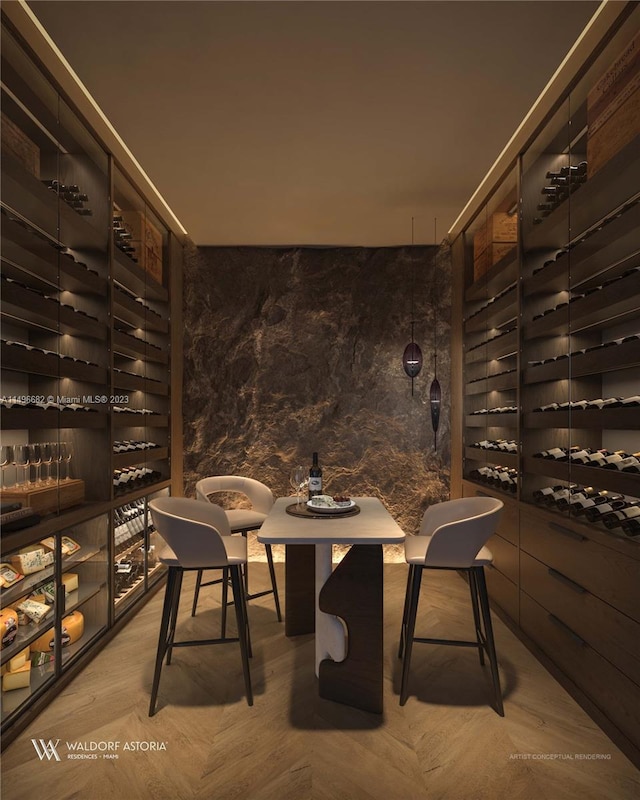 wine room with light parquet flooring