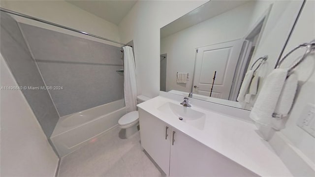 full bathroom with oversized vanity, shower / bathtub combination with curtain, tile floors, and toilet