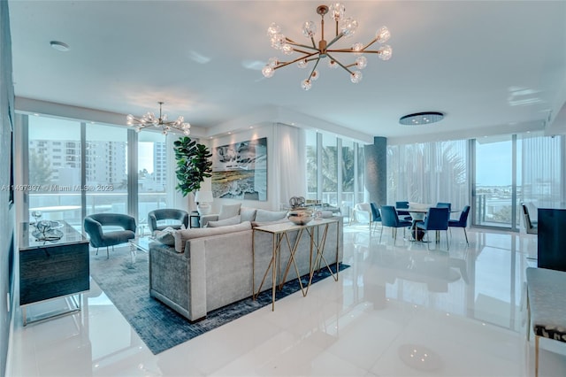 tiled living room featuring an inviting chandelier and floor to ceiling windows