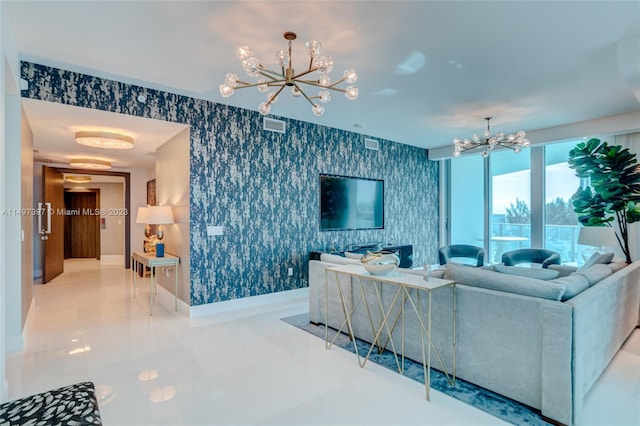 living room with a notable chandelier