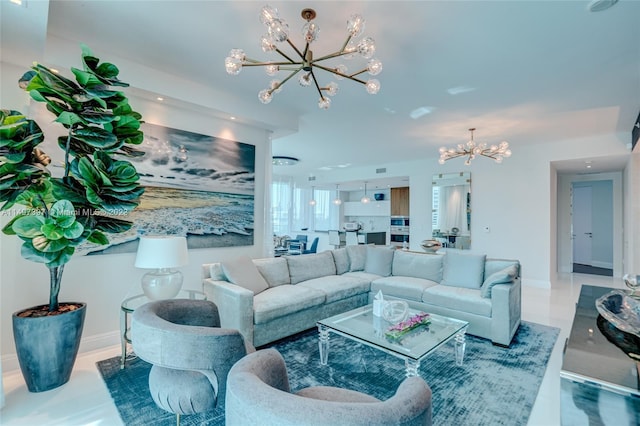 living room with an inviting chandelier