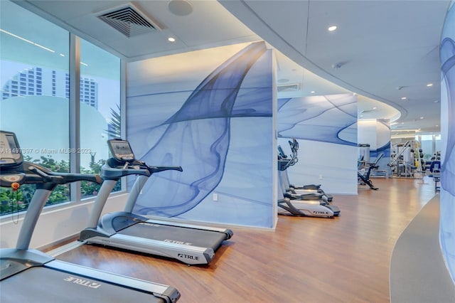 exercise room with wood-type flooring