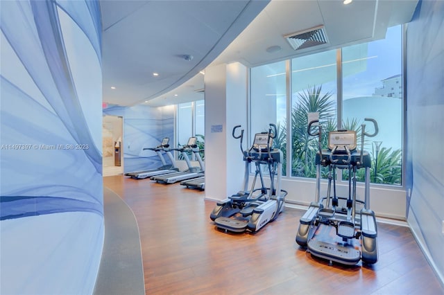 workout area featuring hardwood / wood-style flooring