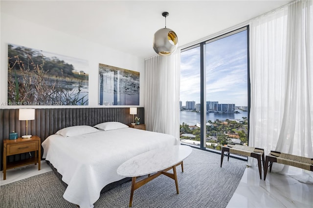 bedroom featuring access to exterior and a water view