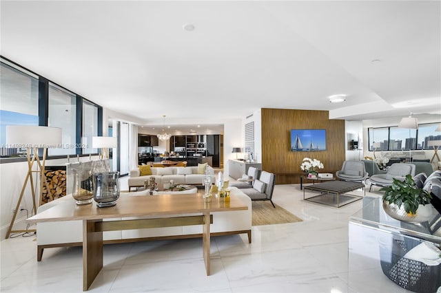 living room featuring wooden walls