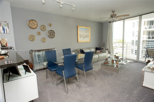 dining space featuring rail lighting, carpet, ceiling fan, and a wall of windows