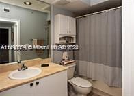 full bathroom featuring toilet, vanity, and a shower with curtain