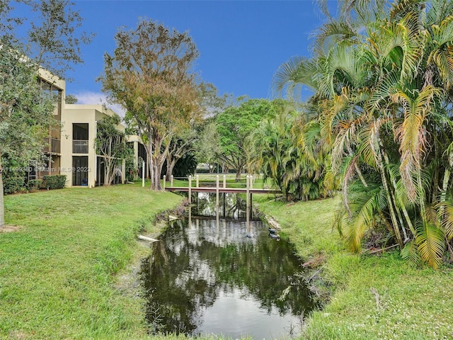 view of community featuring a water view and a yard