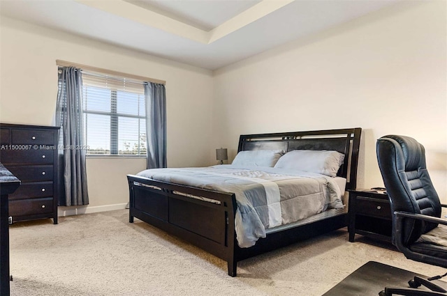 carpeted bedroom featuring a raised ceiling