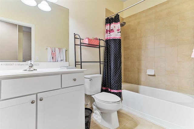 full bathroom with tile patterned flooring, vanity, toilet, and shower / bathtub combination with curtain