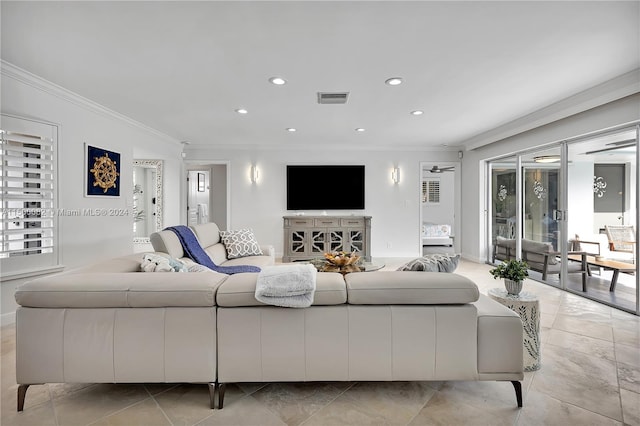 living room with crown molding