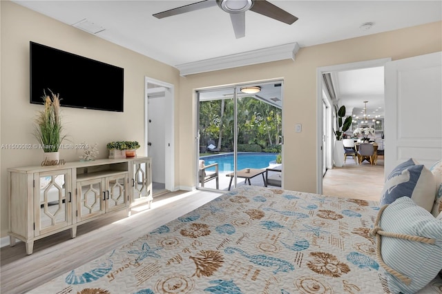 bedroom with ceiling fan, access to exterior, and light wood-type flooring