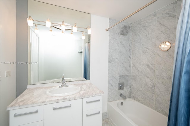 bathroom with vanity and shower / tub combo with curtain