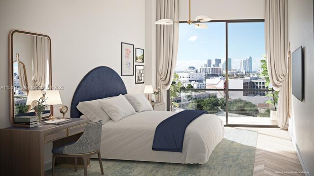 bedroom with multiple windows and light parquet flooring