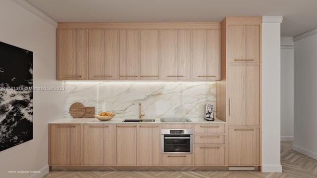 kitchen with stainless steel oven, light parquet flooring, backsplash, and light brown cabinets