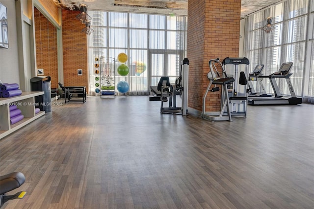 workout area with floor to ceiling windows, hardwood / wood-style flooring, and a towering ceiling