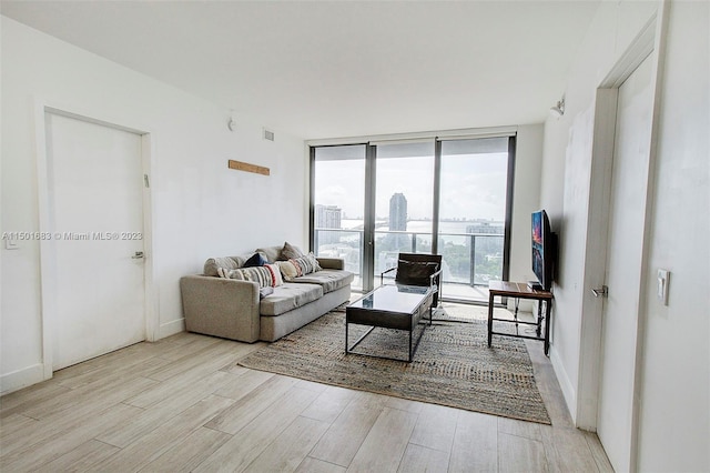 living room with a wall of windows and light wood-type flooring