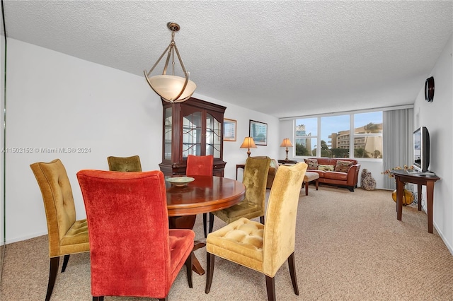 carpeted dining space featuring a textured ceiling