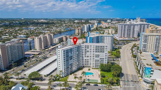 bird's eye view with a water view