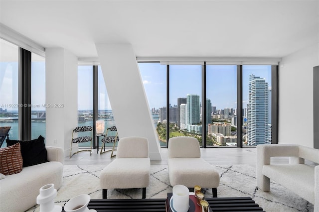 living room with a water view, light hardwood / wood-style flooring, and expansive windows