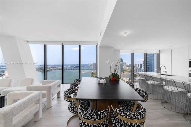 dining space with sink, a wall of windows, light hardwood / wood-style flooring, and a water view