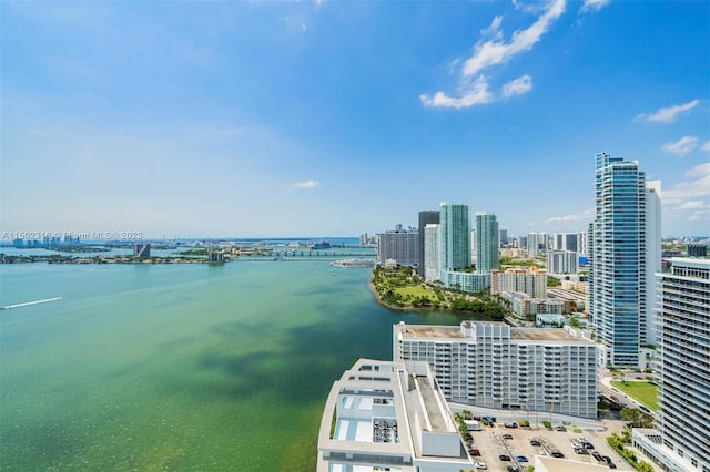 aerial view featuring a water view