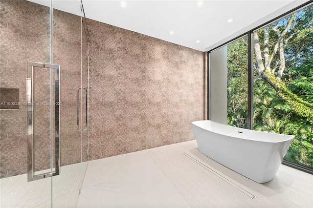 bathroom with floor to ceiling windows and a bathing tub