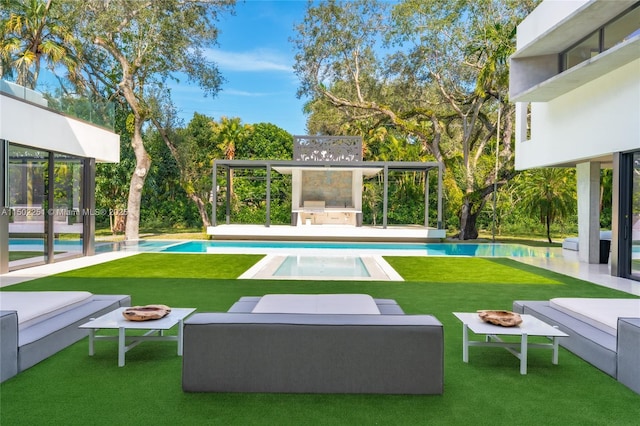 5245 Oak Ln, Coral Gables, FL 33156 - surrounding community with a pool, a lawn, an outdoor living space with a fire pit, and a patio