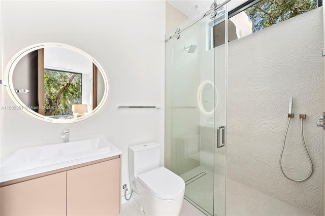 bathroom featuring vanity, a shower with shower door, toilet, and a healthy amount of sunlight