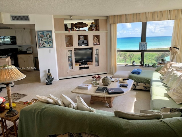 carpeted living room featuring a textured ceiling