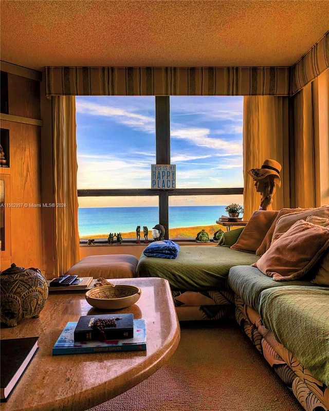 bedroom with a water view, a textured ceiling, and multiple windows