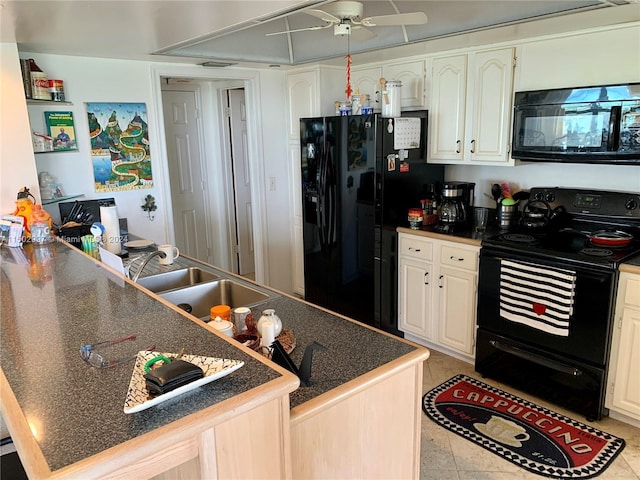 kitchen featuring kitchen peninsula, ceiling fan, sink, black appliances, and light tile patterned floors