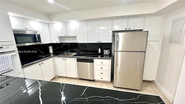 kitchen featuring tasteful backsplash, appliances with stainless steel finishes, white cabinets, and electric panel