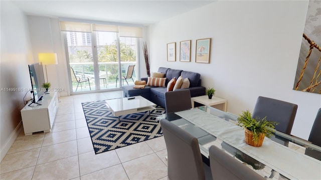 tiled living room with floor to ceiling windows