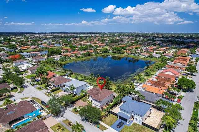 drone / aerial view featuring a water view