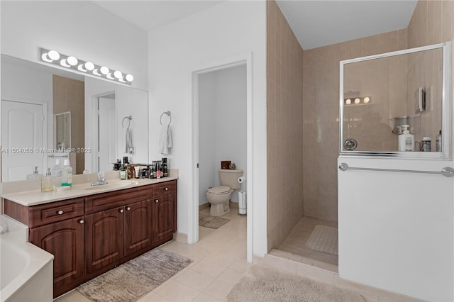 full bathroom featuring large vanity, tile flooring, toilet, and plus walk in shower